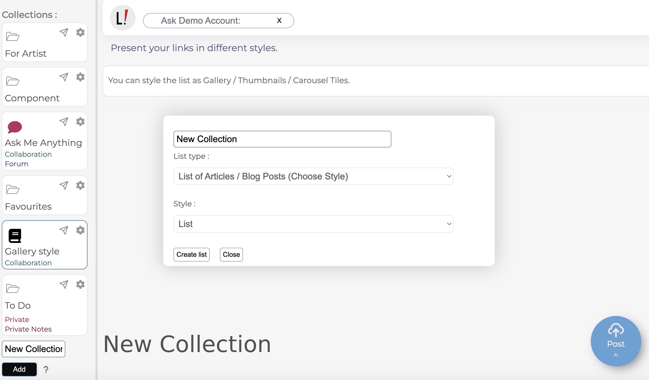 Creating new collection interface