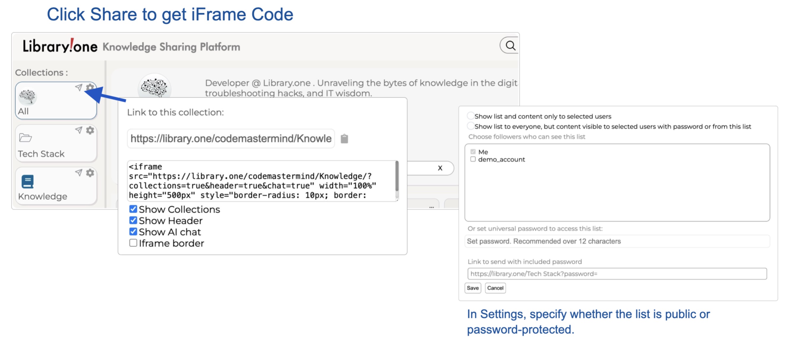 Share settings and iframe code interface